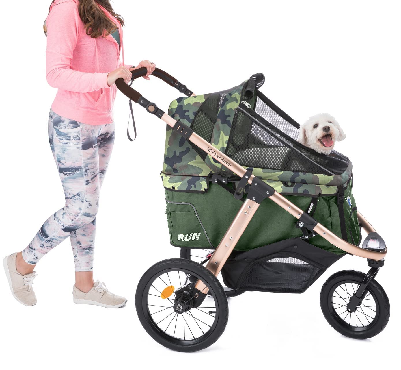 8B5C8F03-BB9A-A415-9F86-1DBAF9C5B720 Jogging Sports Stroller with Comfort Rubber Wheels/Zipper-Less Entry/1-Hand Quick Fold/Aluminum Frame for Small/Medium Dogs, Cats and Pets (Green Camo) - Image 1